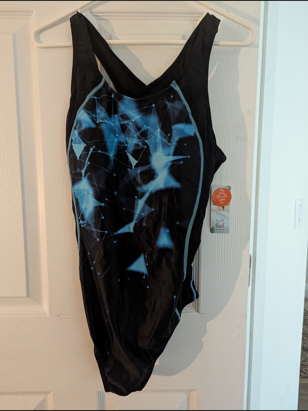 Black One-Piece Swimsuit with Blue Geometric Print